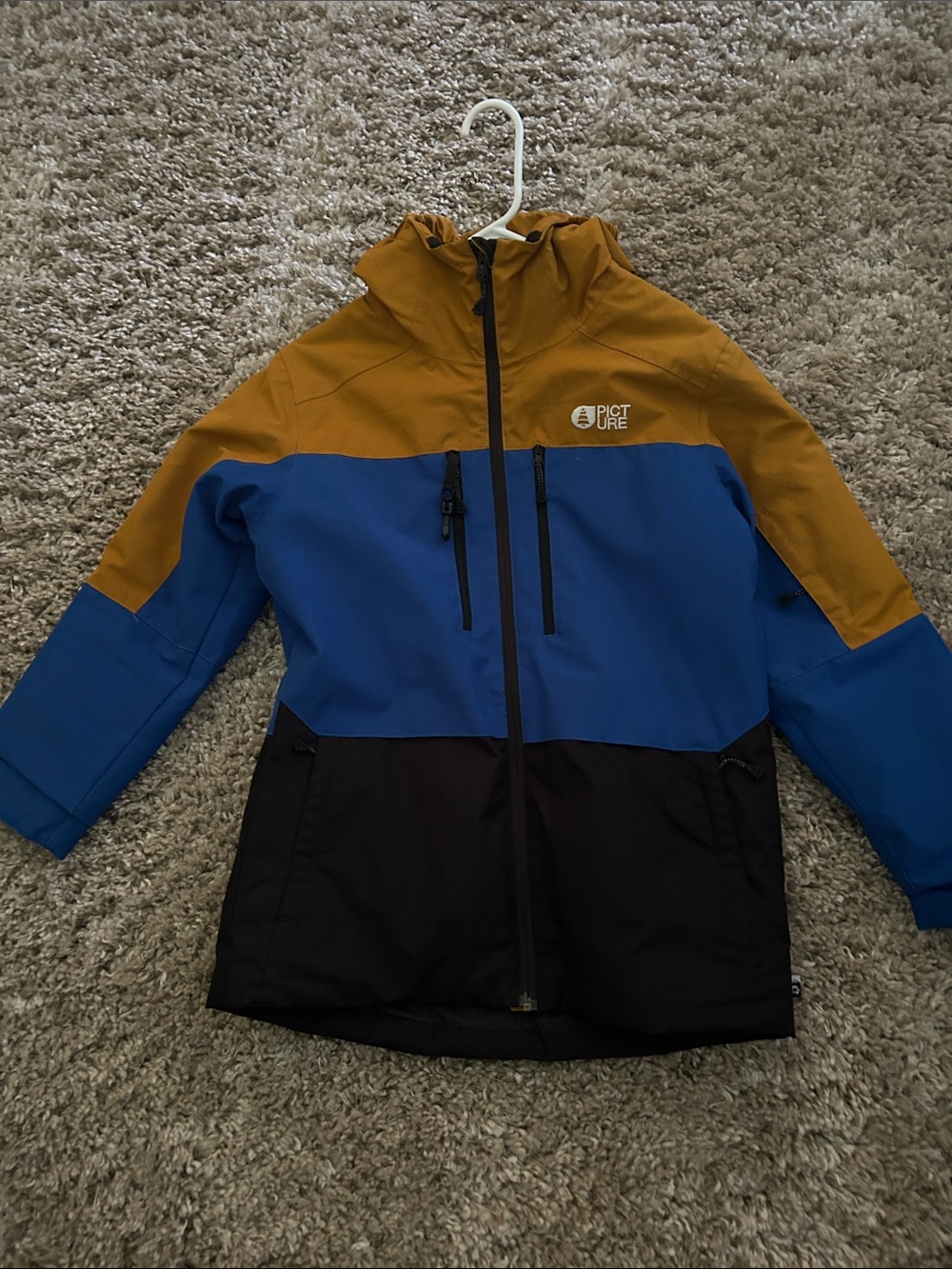 Picture Organic Kids' Colorblock Waterproof Jacket - Mustard/Blue/Black Size 12Y